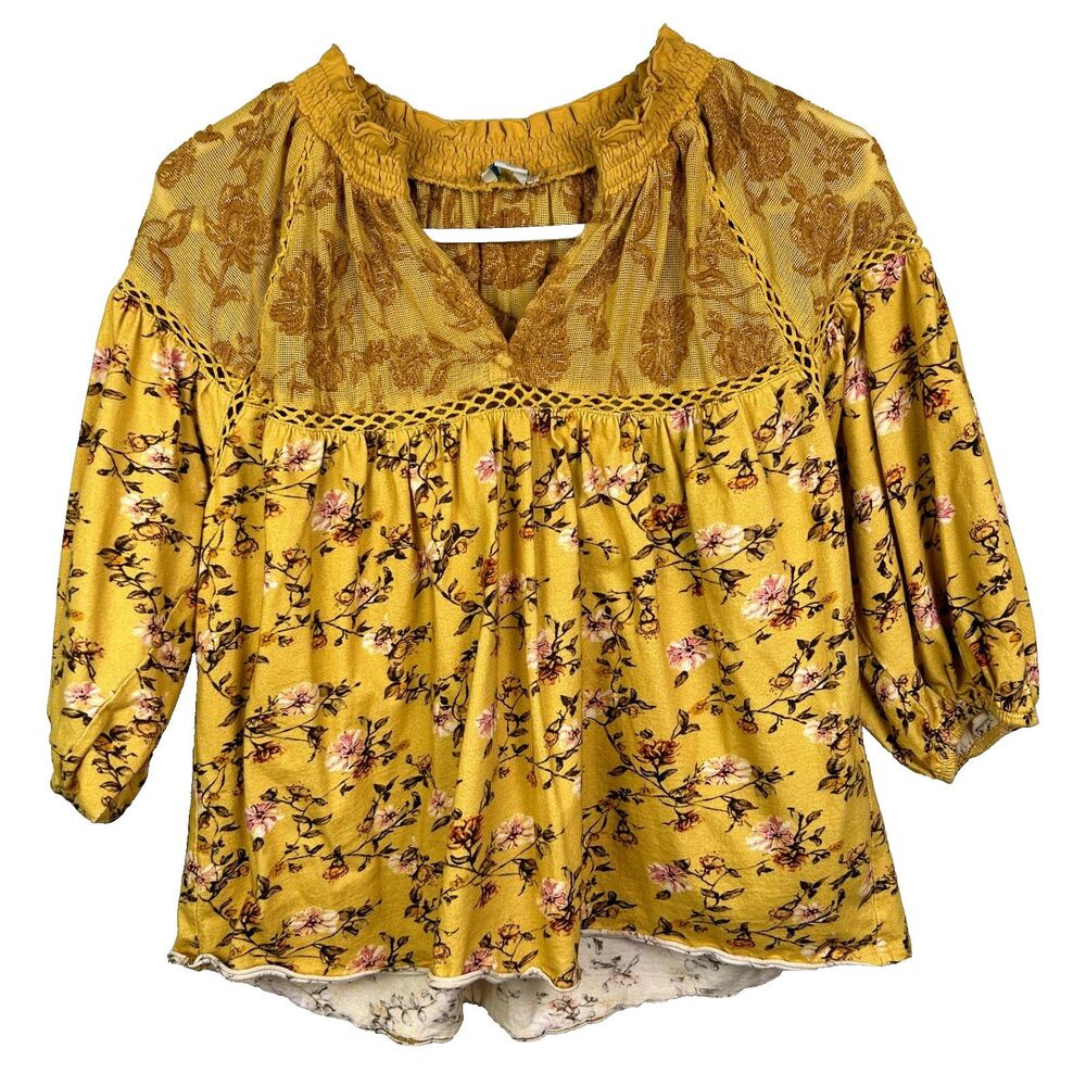Sundance Florence Bloom Yellow Floral Blouse Cotton Top Balloon Sleeves Lace S - Picture 2 of 11